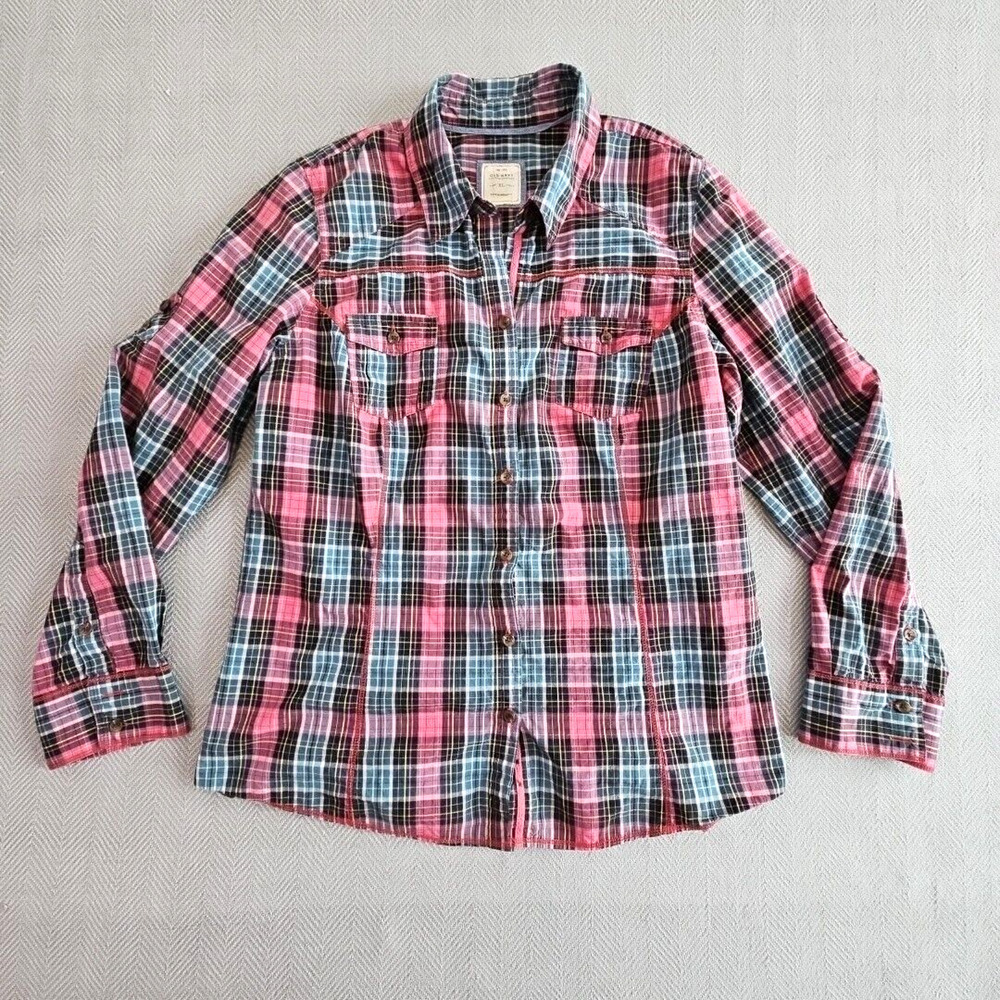 Old‎ Navy Button-Up Shirt Women's Size XL Red Plaid Long Sleeve Contrast Thread